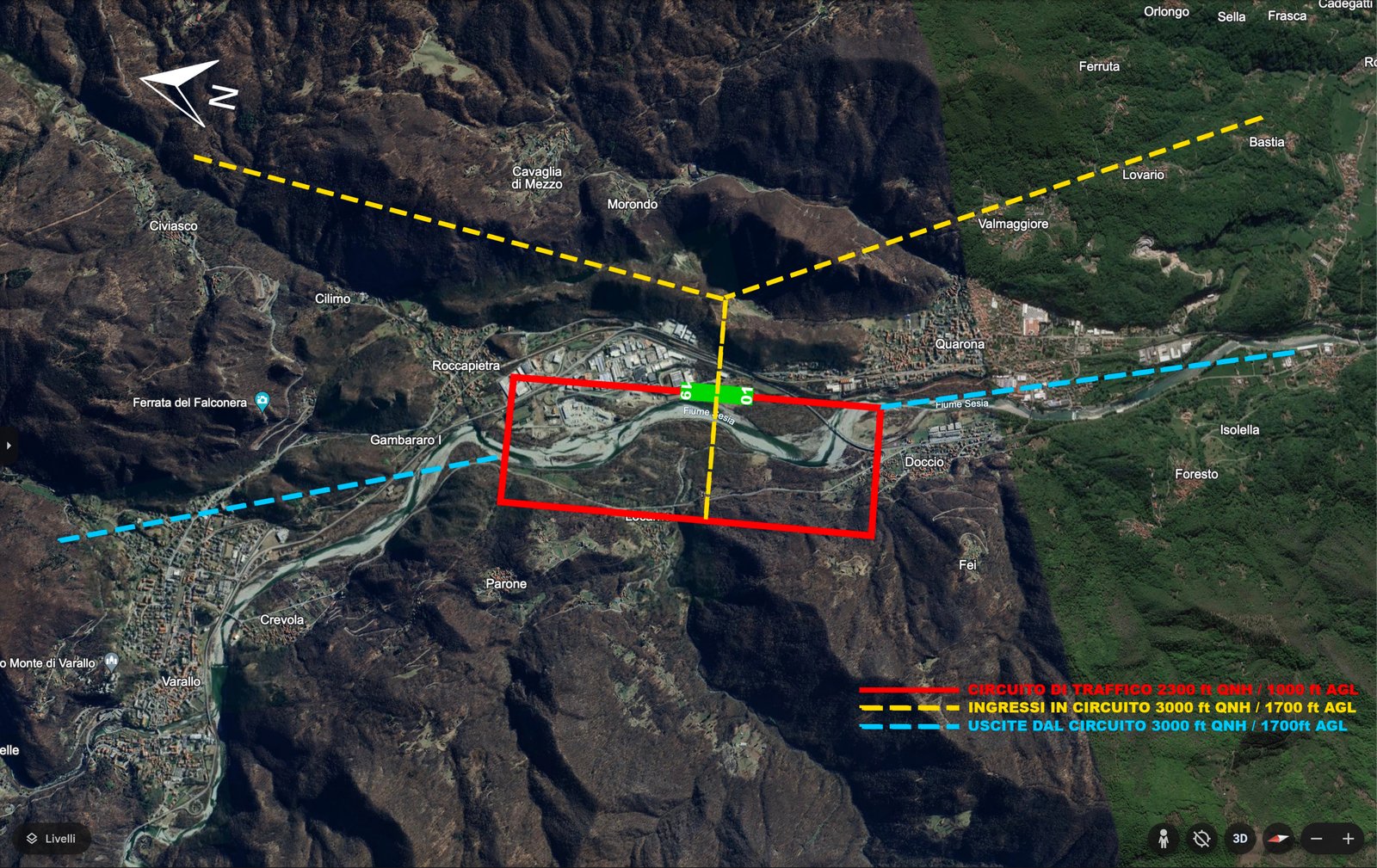 Cartina di avvicinamento VC-07: circuito traffico 2300 ft QNH, ingressi e uscite 3000 ft QNH